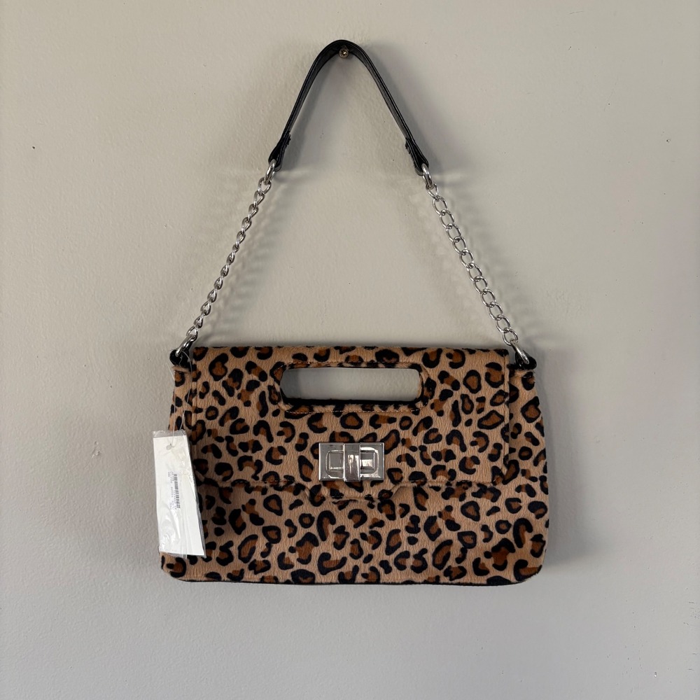Fashion Bug Y2K Leopard Print‎ Faux Fur Shoulder Bag Clutch Silver Chain NWT